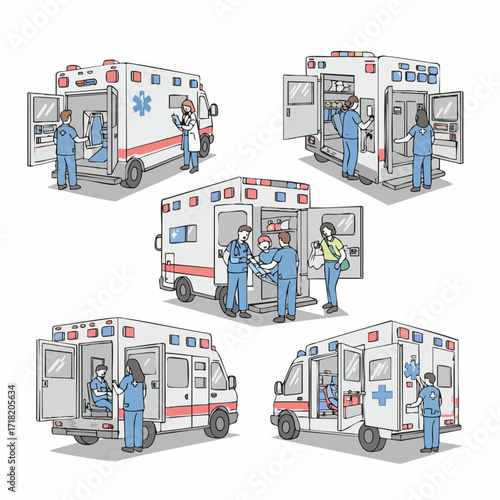 Cartoon Style Detailed Ambulance Emergency Vehicle Medical Personnel Illustration Set