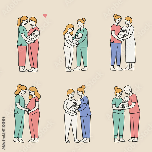 Minimalist Line Art Lesbian Couple Expecting and Holding Newborn Illustration