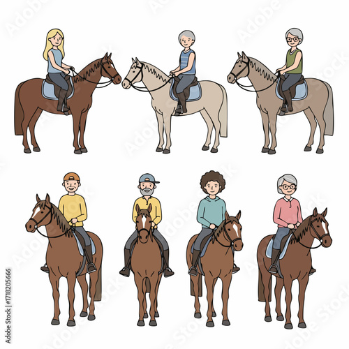 Simple Line Art Riders with Horses Collection Illustration on White Background