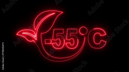 Glowing neon text showing -55°C temperature on a dark background. weather displays, climate visuals, scientific and digital interface designs. 4k video