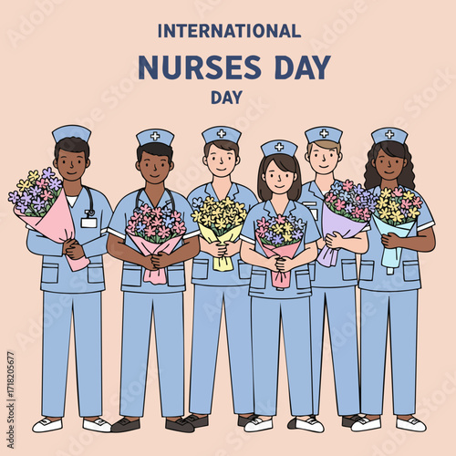 Cartoon Handdrawn Group Nurse with Flowers for International Nurse Day Illustration