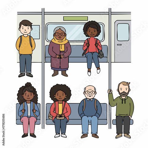Flat Line Illustration People Commuting in Subway Train Public Transportation