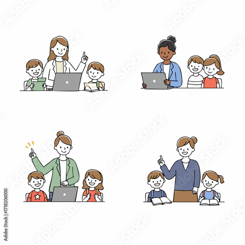 Flat Design Online Tutoring Session with Diverse Children Education