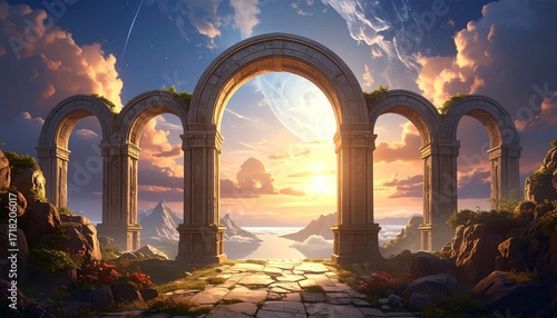 Monumental arches of stone floating in luminous skies, surreal architectural wonder as otherworldly DESIGN scene.