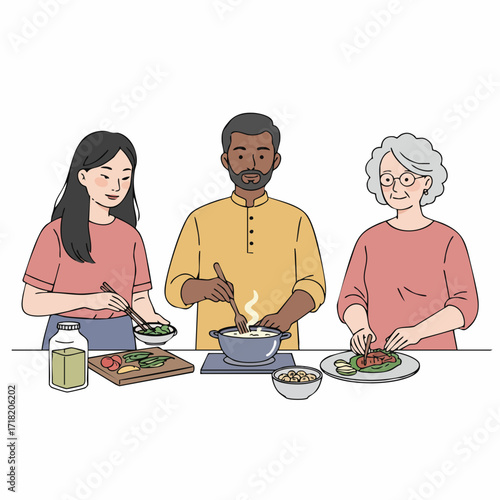 Handdrawn Diverse Family Cooking Together Delicious Meal At Kitchen Illustration