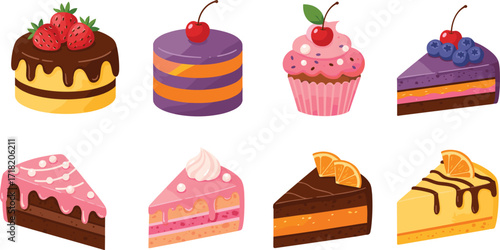 Colorful dessert vector set, cake slices, cupcakes, chocolate toppings, fruit decorations, sweet bakery icons, cartoon style, isolated food illustrations, editable design