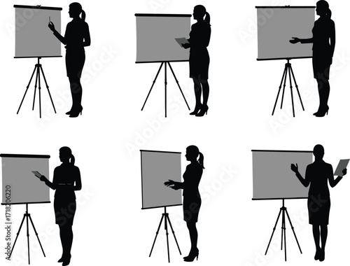 Business presentation silhouette, corporate training, office meeting, flip chart, professional speaker, strategy session, business coach, leadership, teamwork, seminar