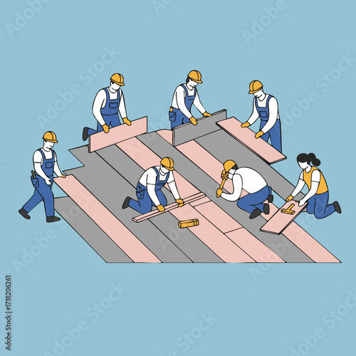Cartoon Style Detailed Group of Worker Laying Wood Flooring Illustration