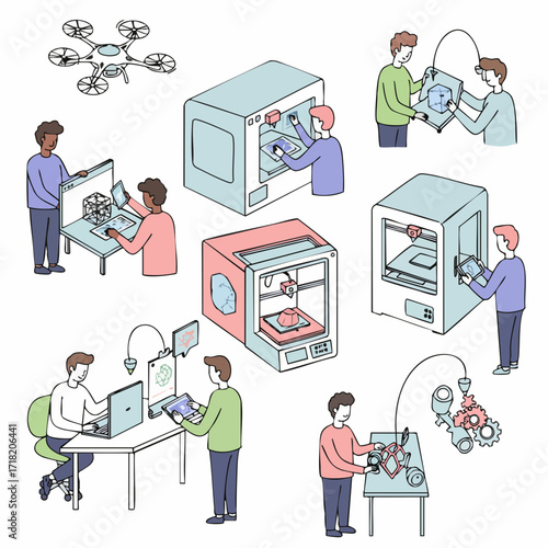 Hand Drawn Style Illustration of 3D Printer and Operator Set