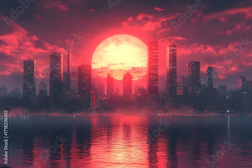 Red cityscape skyline at night with sun setting over the city buildings and water reflection view