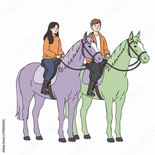 Flat Style Couple Riding a Horseback Together Outdoor Recreational Activity
