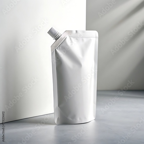 Clean white spout pouch packaging design isolated on a neutral grey background