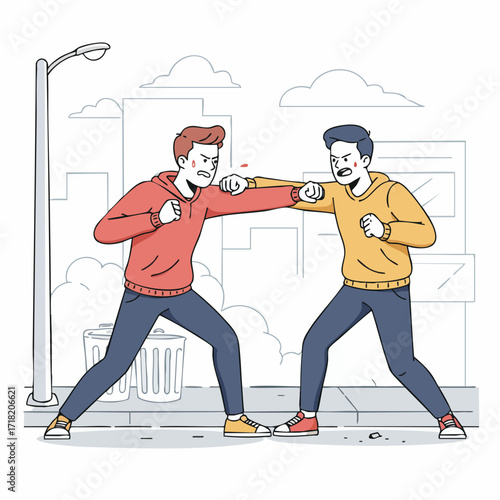Line Art Two Men Street Fight Aggression Conflict Challenge Illustration
