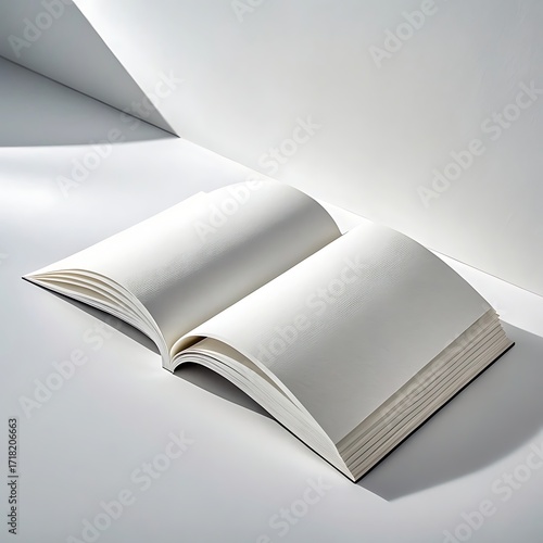 Open blank book with textured pages on a minimalist white surface and shadow
