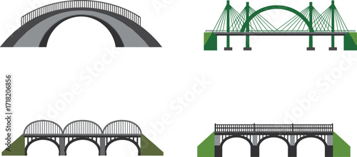 Set of four bridge illustrations, featuring arch, cable-stayed, multi-span designs, modern and classic styles, vector engineering structures, architectural reference