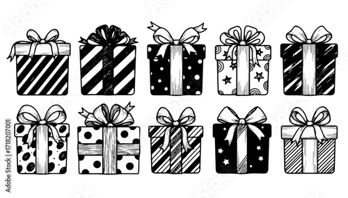 Elegant hand-drawn black and white gift box collection for holiday promotions and festive designs, ideal for greetings and seasonal celebrations