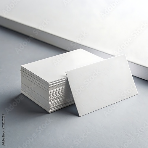 Stack of blank white business cards mockup on a neutral grey surface with copy space
