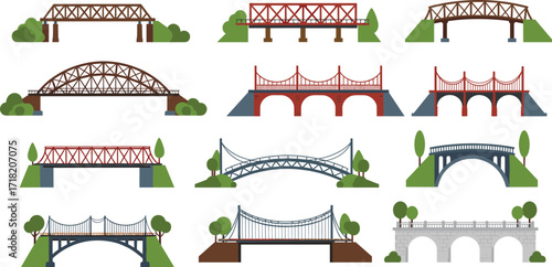 Set of twelve bridge illustrations, various architectural styles and engineering designs, truss, arch, beam, suspension, vector construction elements, educational reference