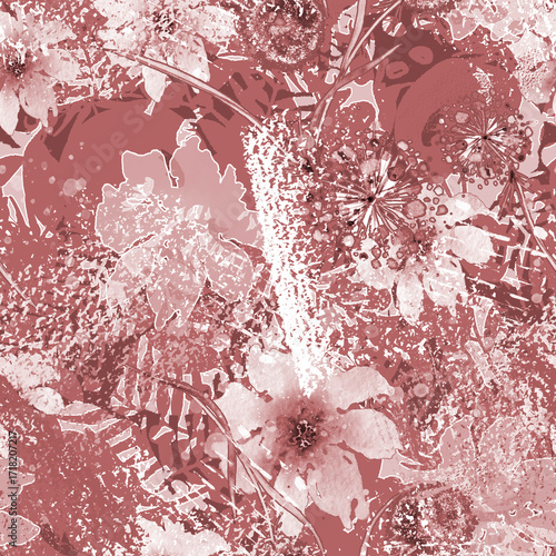 Watercolor seamless pattern, background with a floral pattern. aster, poppy, cornflower,pansies, viola, field or garden flowers. A blurred silhouette of fairy-tale herbs and flowers in the forest. 

