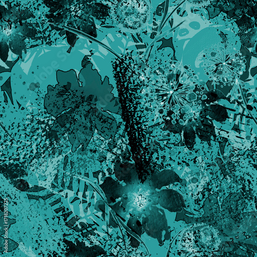 Watercolor seamless pattern, background with a floral pattern. aster, poppy, cornflower,pansies, viola, field or garden flowers. A blurred silhouette of fairy-tale herbs and flowers in the forest.