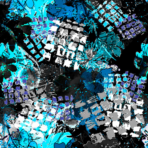 Watercolor seamless pattern, background with a floral pattern. aster, poppy, cornflower,pansies, viola, field or garden flowers. A blurred silhouette of fairy-tale herbs and flowers in the forest.