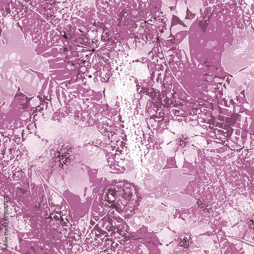 Watercolor seamless pattern, background with a floral pattern. aster, poppy, cornflower,pansies, viola, field or garden flowers. A blurred silhouette of fairy-tale herbs and flowers in the forest.