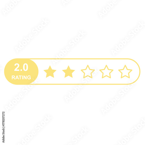 Flat yellow five star rating system icon with 2.0 score in box layout, customer feedback quality evaluation bar UI template, vector symbol isolated on transparent background, digital review platforms