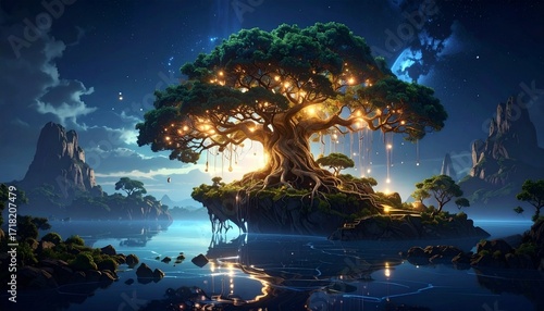 Massive glowing tree with roots spanning across floating islands, natural wonder forming otherworldly DESIGN concept.