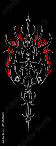 Neo tribal symmetrical vector with red flames and gothic spikes, perfect for tattoo, metal art, poster, or apparel design