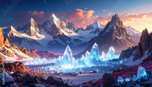 Shimmering mountains formed of luminous crystals, dreamlike light scattering across an otherworldly DESIGN landscape.