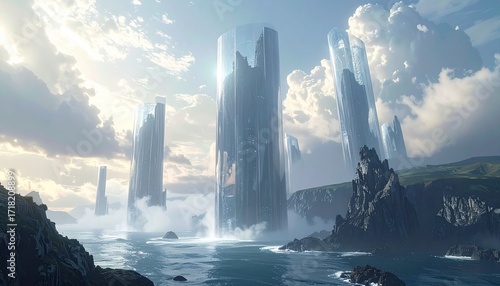 Giant translucent structures rising from oceans of mist, futuristic alien scenery with otherworldly DESIGN composition. 