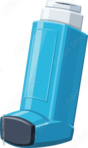 Cartoon 3D asthma inhaler, blue and white plastic body,