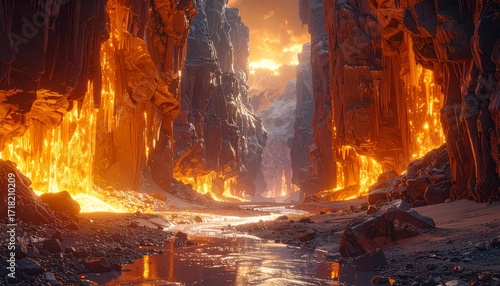 Vast glowing canyon carved by rivers of liquid light, surreal otherworldly DESIGN with shimmering crystalline walls.