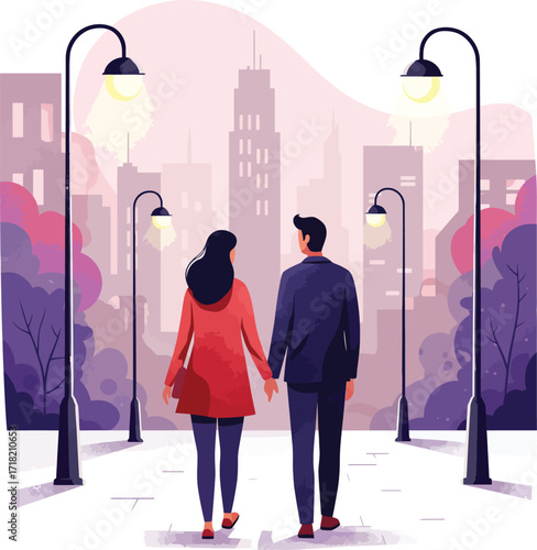 Vector art of couple walking hand in hand in a city park, enjoying a romantic moment together