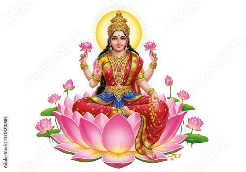 Goddess lakshmi seated on lotus surrounded by flowers radiant aura hindu deity of wealth and prosperity isolated on transparent background