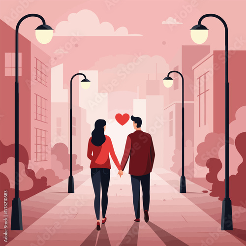 Vector art of couple in love walking hand in hand in a city street, romantic date night