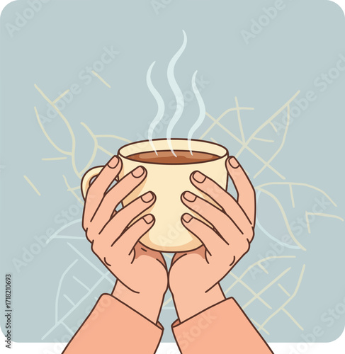 Vector art of hands holding a steaming cup of coffee, providing warmth and comfort in winter
