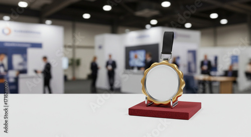 Blank 3D Badge Mockup on Event Stand with Promotional Background