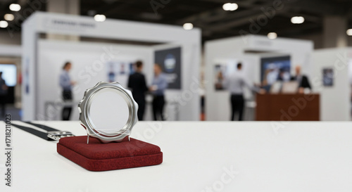 Blank 3D Badge Mockup on Event Stand with Promotional Background