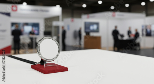 Blank 3D Badge Mockup on Event Stand with Promotional Background