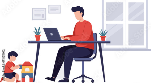 Vector art of a man works at home on his laptop while his child plays with building blocks