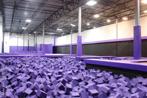 Indoor trampoline park featuring a foam pit filled with purple blocks and spacious jumping areas