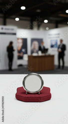 Blank 3D Badge Mockup on Event Stand with Promotional Background