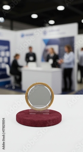 Blank 3D Badge Mockup on Event Stand with Promotional Background