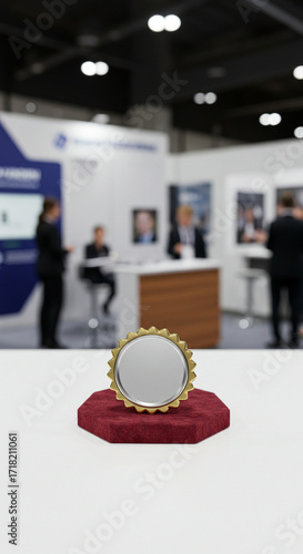 Blank 3D Badge Mockup on Event Stand with Promotional Background