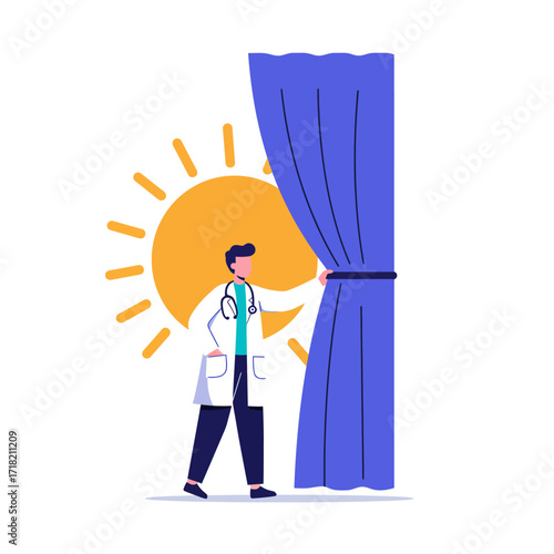 Doctor Opens Curtain to Bright Sunlight.