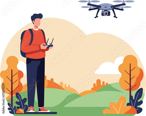 Vector art of man operating drone in nature with backpack, enjoying outdoor activities and technology