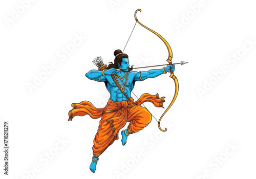 Lord rama in action holding a bow and arrow in divine blue and orange colors isolated on transparent background
