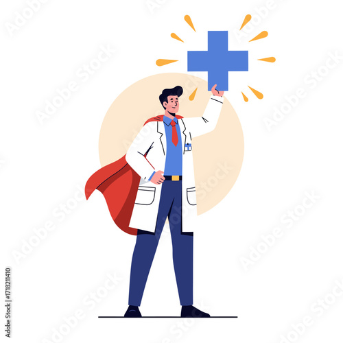 Doctor Superhero Flying to Help Patients.