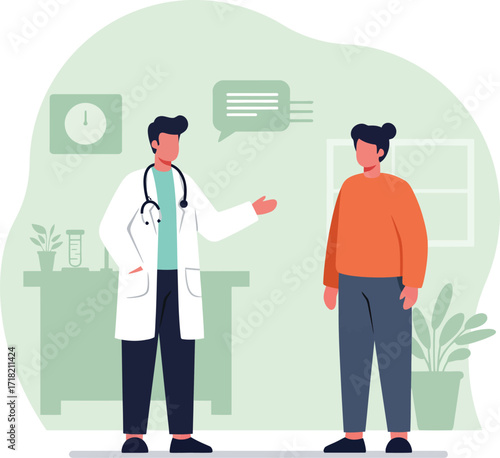 Vector art of doctor consulting with patient in office with clock and plant